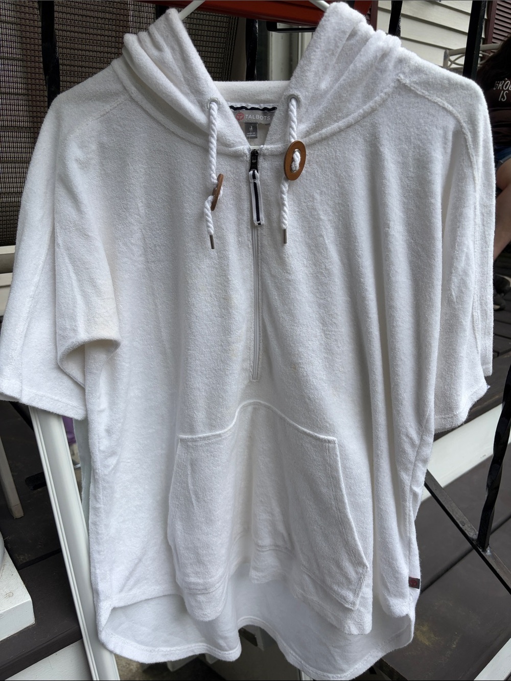 Talbots White Hooded Terry Swim Coverup with Wooden Toggle